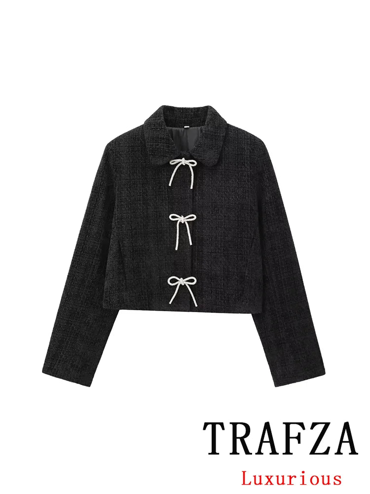 TRAFZA Vintage Casual Chic Women Jackets Solid Bow Button Long Sleeve Coats New Fashion 2024 Autumn Winter Jacket Outwear