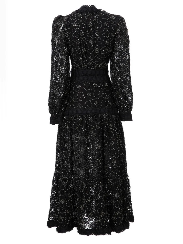 Hollow Out Embroidery Spliced Lantern Long Sleeve Black Big Swing  Lace Party Dresses For Women