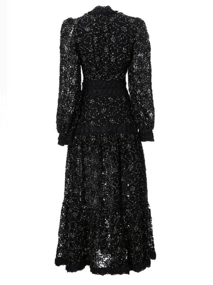 XIWEN Hollow Out Embroidery Spliced Lantern Long Sleeve Black Big Swing Dresses For Women Lace Party Evening Dress 2024 Spring