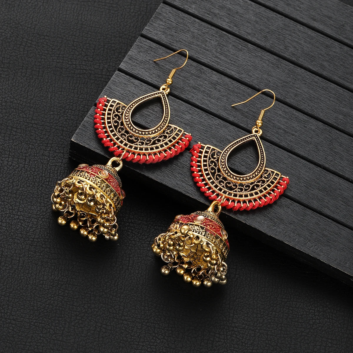 New Fashion Red Rope Water Drop Hollow Earrings Women's Ethnic Gold Plated Bell Tassel Crystal Earrings Gypsy Afghan Jewelry