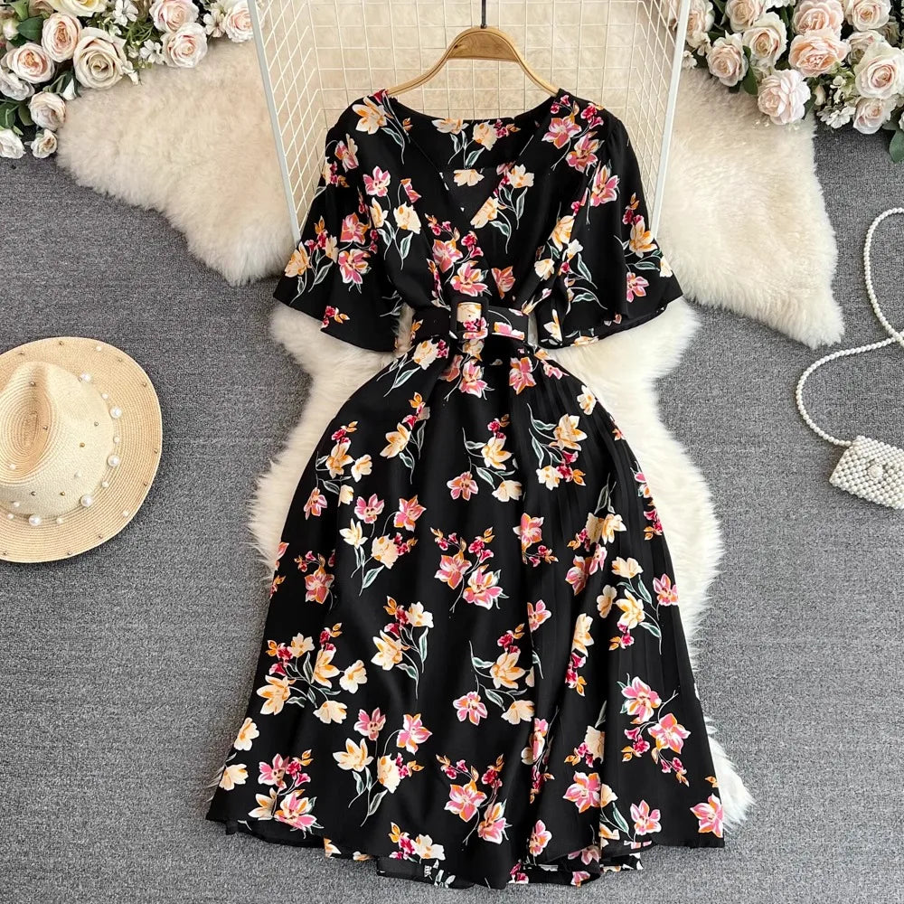 Floral Print V-Neck Long Party Dress with Belt Lady Outfits Vestidos