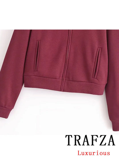 TRAFZA Vintage Casual Chic Women Suit Solid Stand Collar Zipper Top Loose Long Drawstring Pants New Fashion 2025 Holiday Sets