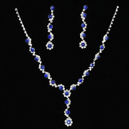 Luxury Blue Rhinestone Silver Plated Wedding Party Necklace Earrings Set Fashion Blue Crystal Bridal Jewelry Set Ladies Gift