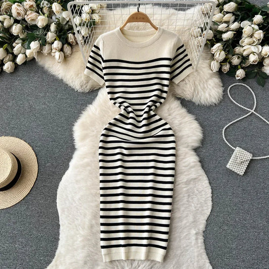 Summer Striped Beach Knitted Dress O Neck Short Sleeves Chic Hotsweet Slim Sundress Streetwear Y2K Bodycon Midi Dress