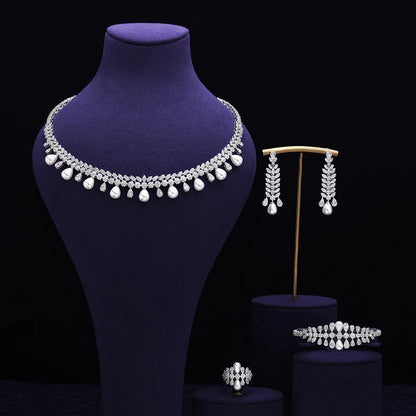 New Cubic zirconia Pearl Necklace Earrings Set of 4 Women's Wedding Party Jewelry Set