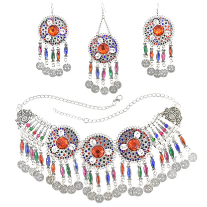 3pcs Indian Afghan Jewelry Sets Necklace Earrings Hairbands for Women Boho Ethnic Coins Tassels Colorful Crystal Drop Accessory