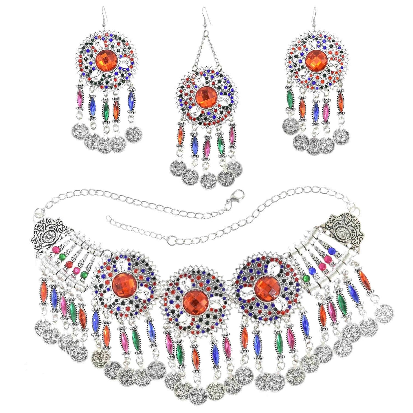 Gypsy Turkish Tribal Colorful Rhinestone Coins Necklace Earrings for Women Boho Pakistan Afghan Dress Clothes India Jewelry Sets