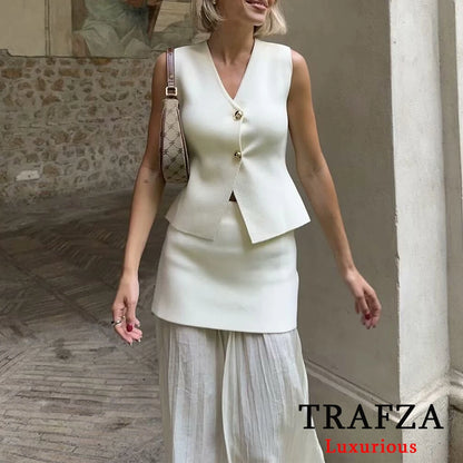 TRAFZA Office Lady Beige Knitted Women Suit V Neck Gold Button Vest+High Waist Ruffles Long Skirts Fashion 2024 Elegant Sets