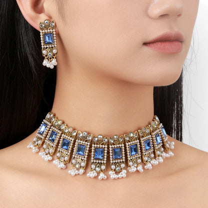 Luxury Blue Crystal Geometric Necklace Earrings Sets Bride Exquisite Zircon Pearl Tassel Necklace Women Wedding Banquet Jewelry