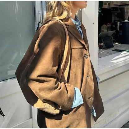 Vintage Brown Blazer Women Suede Leather Jacket Autumn Fashion Single Breasted Lapel Loose Coats Street Office Lady Outerwears