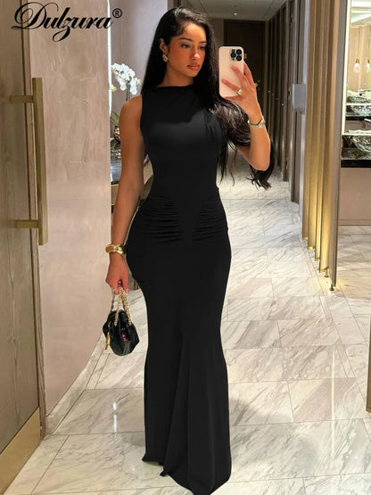 Dulzura Elegant Long Dress Ruched Bodycon Sleeveless Solid Dresses Lady Cocktail Party Wedding Guest Formal Women Clothes 2025