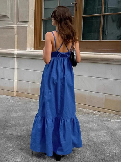 Blue V-neck Backless Suspender Midi Dress For Women