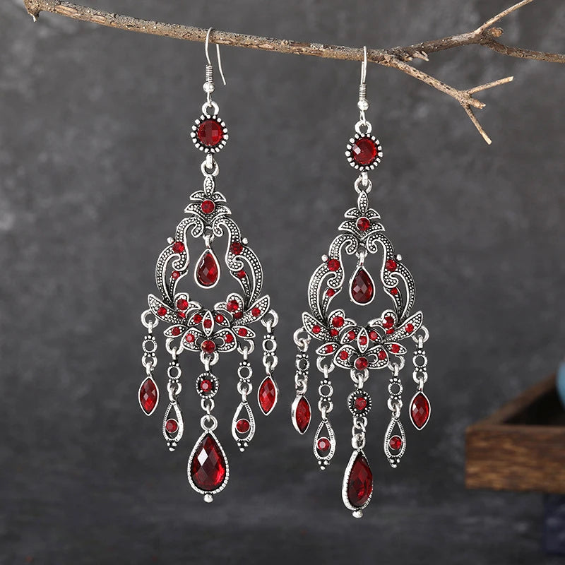 Vintage Ethnic Style Rhinestone Flower Shaped Water Drop Earrings for Women Elegant Long Texture Dangle Earring Female Jewelry