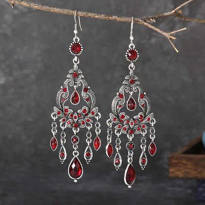 Vintage Ethnic Style Rhinestone Flower Shaped Water Drop Earrings for Women Elegant Long Texture Dangle Earring Female Jewelry