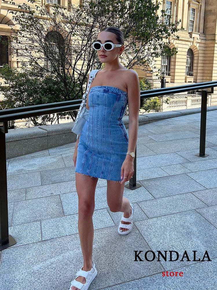 TRAFZA Sexy Blue Denim Sheath Mini Party Dress Women Y2K Street Style Jeans Tube Backless Bodycon Dress Fashion 2024 Vestidos