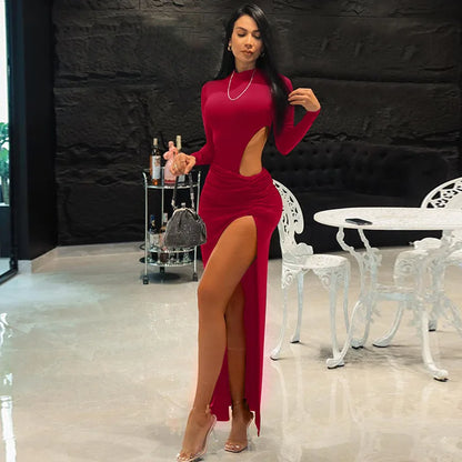 Cryptographic Fashion Ruched High Waist Split Maxi Dress outfits Club Party Long Sleeve Sexy Cut Out Gown Dress for women