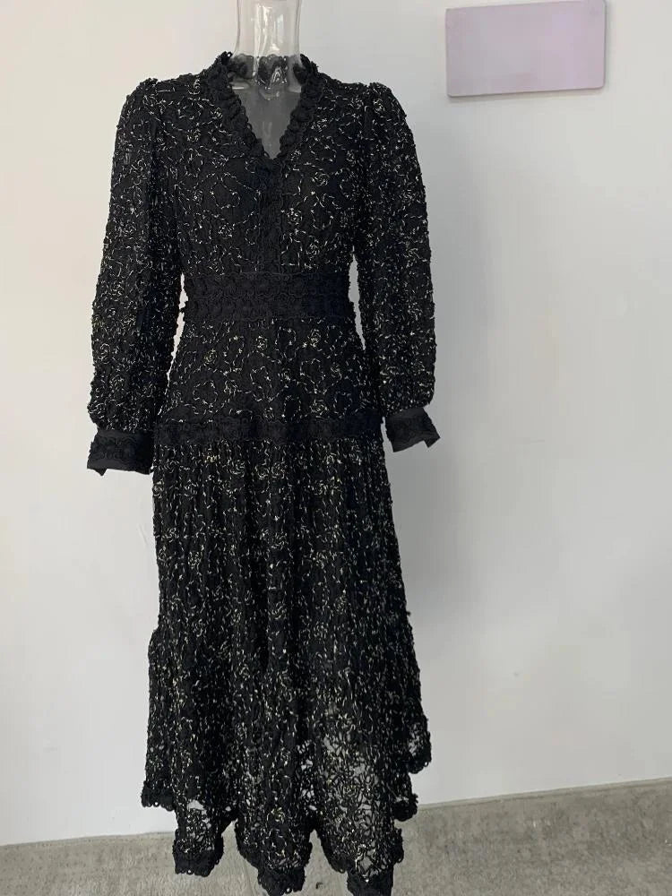 XIWEN Hollow Out Embroidery Spliced Lantern Long Sleeve Black Big Swing Dresses For Women Lace Party Evening Dress 2024 Spring