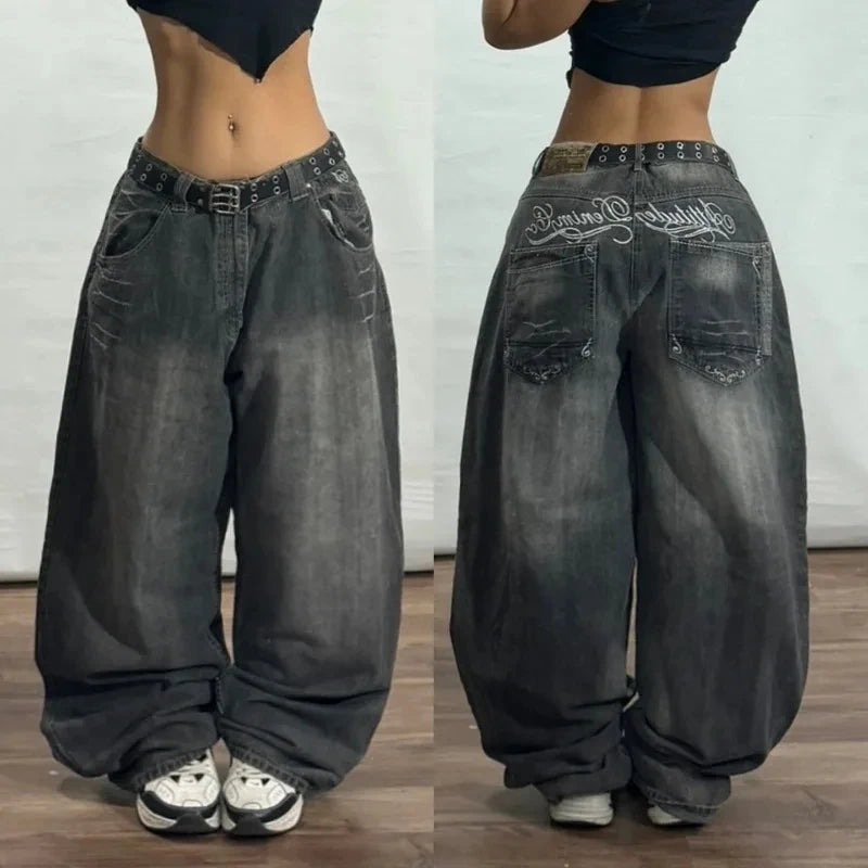 American New Fashion Multi-pocket Washed Baggy Jeans Women Vintage Hip Hop High Waist Casual Wide Leg Pants