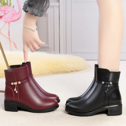 Women's Mother Female Genuien Leather Shoes Ankle Boots Winter Fur Plush Wool Warm Zipper