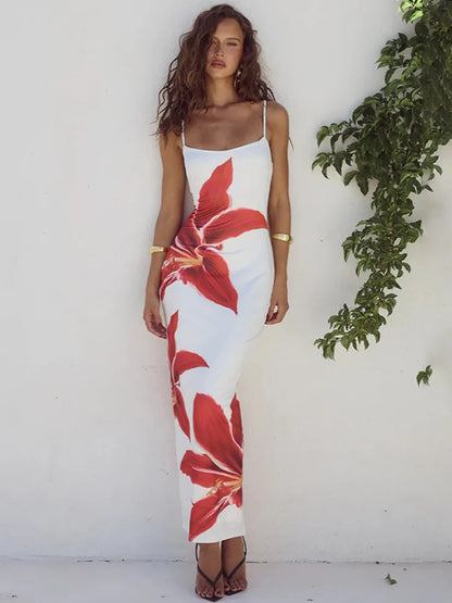 Women Floral Print Long Bodycon Strap Sleeveless Backless Midi Elegant Gown  Summer Dress