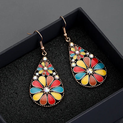 Retro Multicolor Flower Crystal Earrings for Women Boho Hollow Water Drop Pendant Earrings Girls Fashion Jewelry Gift