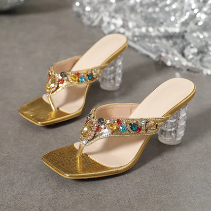 Gold Thong Clip Toe Slippers Slippers Slides Crystal Rhinestone Sandals Women Transparent Clear Square Heel