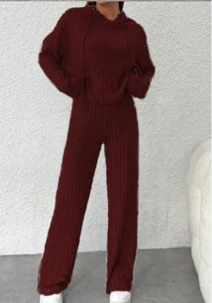 New Casual Knitted Striped Long Hooded Sweatshirt Loose Long Sleeves and Trousers Fashion Suit