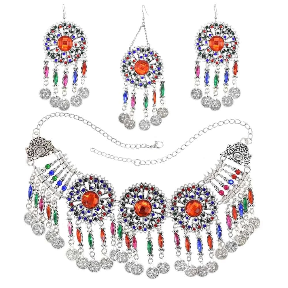 Color Crystal Coin Tassel Choker Necklace Earrings For Women Turkish Afghan Dress Indian Clothes Traditional Ethnic Jewelry Set