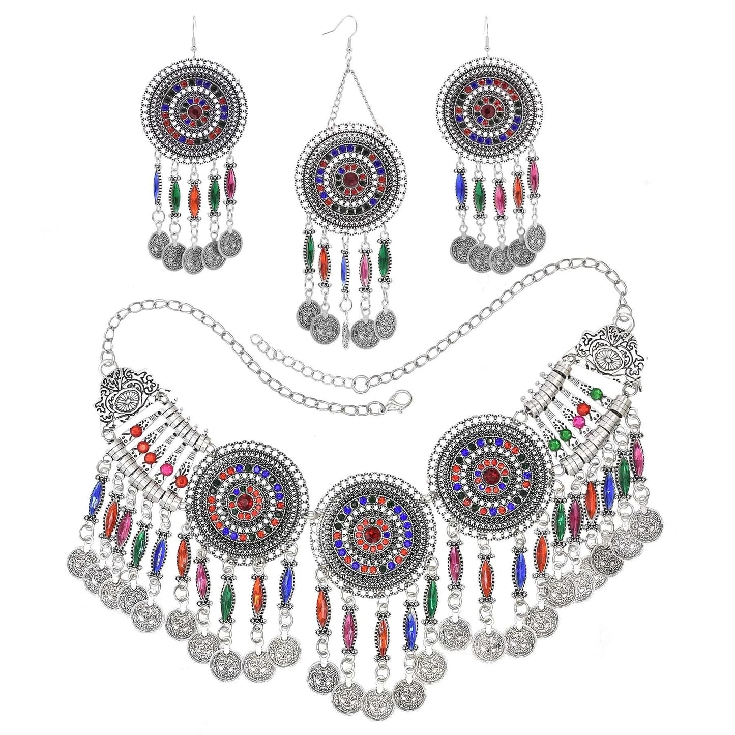 3pcs Indian Afghan Jewelry Sets Necklace Earrings Hairbands for Women Boho Ethnic Coins Tassels Colorful Crystal Drop Accessory