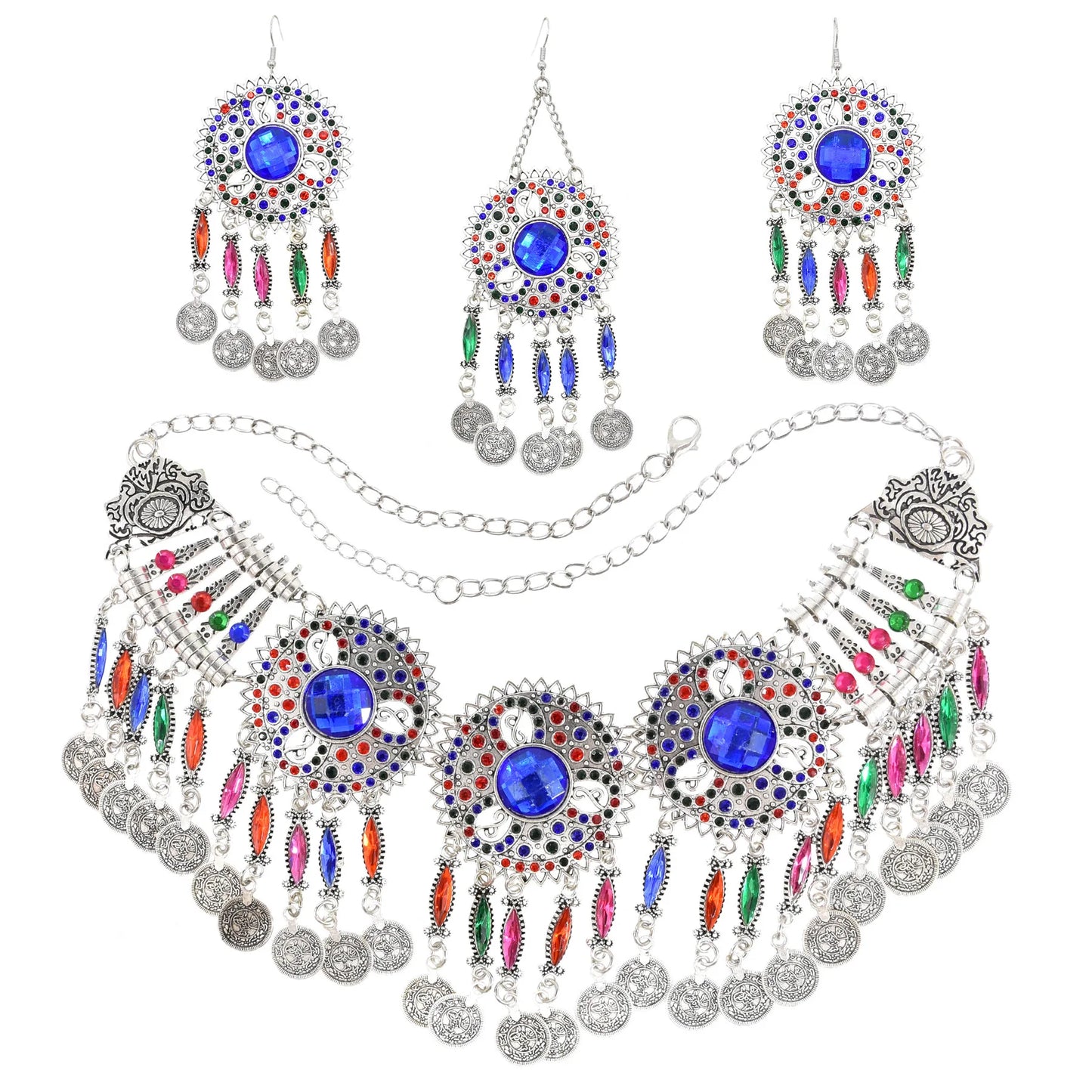 3pcs Indian Afghan Jewelry Sets Necklace Earrings Hairbands for Women Boho Ethnic Coins Tassels Colorful Crystal Drop Accessory