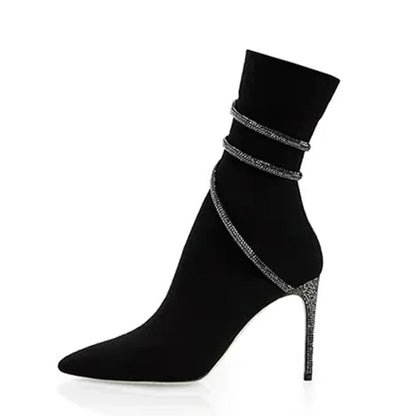 2025 Spring Autumn Crystal Rhinestone Wrap Strap Ankle Boots Women Night Club Thin High Heels Pointed Toe Ladies Shoes