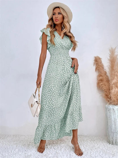 Eyellcart V-neck Lotus Leaf Edge Elegant Dress Women Spring Summer Printed Long Dress