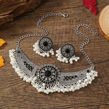 Afghan Black Crystal Choker Necklaces Earrings Jewelry Sets for Women Bohemian Ethnic Tribal Indian Party Pearls Jewelry Sets