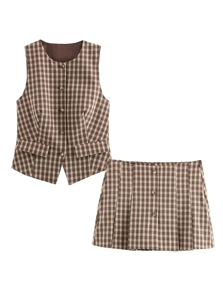 Plaid Vest Coat and Mini Shorts Skirts Casual two Pieces Set Suit for women