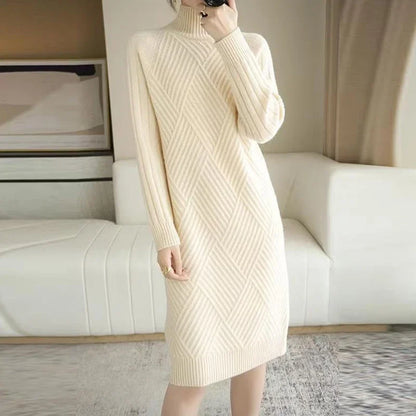 Abrini Autumn Winter Women Wool sweater Dress Mock Neck Ribbed Solid Knit Dresses Elegant Lady Party Bottoming Cashmere Vestidos