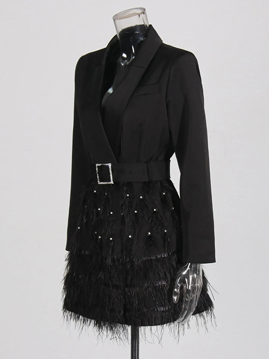 Solid Patchwork Feathers High Street Dresses For Women Lapel Long Sleeve Spliced Sashes Mini Dress