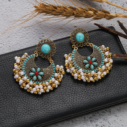 Boho Turquoises Flower Round Earring for Women Girl Retro Gold Color Beads Pearl Tassel Earrings Pendientes Female Boho Jewelry