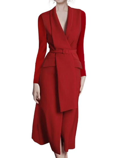 Red Women's Dress Temperament Office Lady Lapel Long Sleeve Belt Waist Cinched OL Dresses For Female 2025 Spring New 3C3169