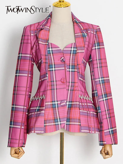 Rose Plaid Blazers For Women Slim Cut Out Back Lapel Long Sleeve Color block Coats