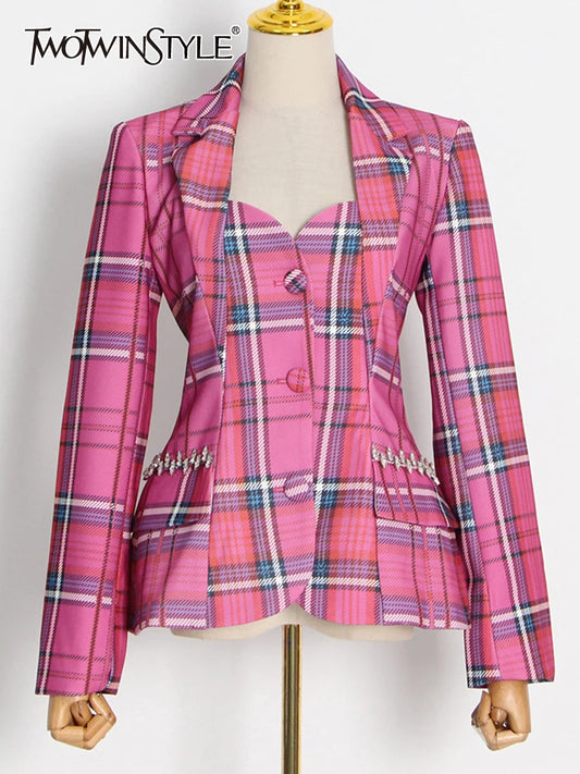 Rose Plaid Blazers For Women Slim Cut Out Back Lapel Long Sleeve Color block Coats