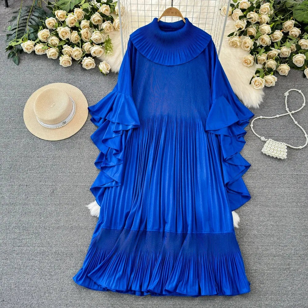 Spring New Pleated Dress Fashion Lapel Ruffle Sleeves Solid Color Loose Dresses Elegant women's clothing 7AK30392