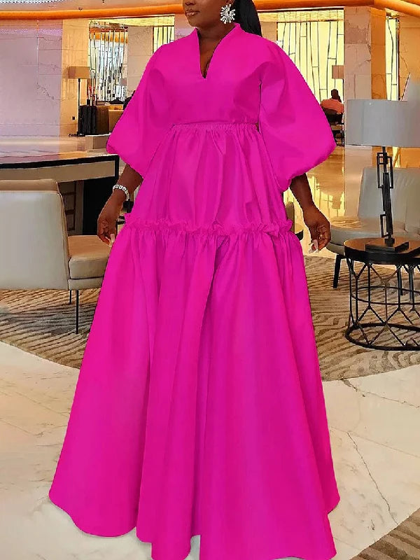 Women Minimalist Solid Color Puff Sleeves Falbala Party Evening Dress 2025 New Spring Autumn Loose Casual Maxi Dresses