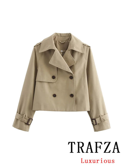 TRAFZA Vintage Casual Chic Women Jackets Solid Double Breasted Turn-down Collar Long Sleeve Short Coat Fashion 2024 Autumn Coat