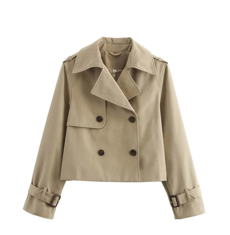 Women Vintage Casual Chic Solid Double Breasted Turn-down Collar Long Sleeve Short Coat  Jackets