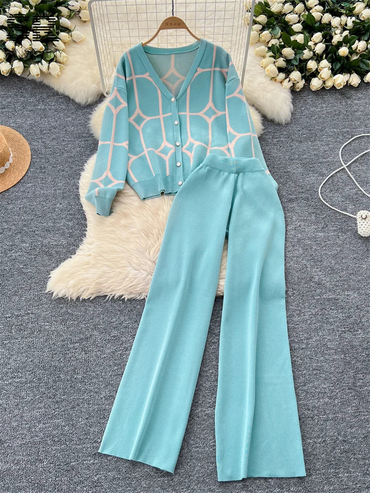 Printed Knit Two Pieces Sets Autumn Winter Single Breasted Cardigan+Wide Leg Long Pants Fashion Streetwear Suits