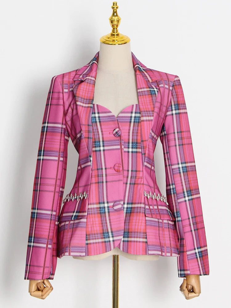 Rose Plaid Blazers For Women Slim Cut Out Back Lapel Long Sleeve Color block Coats