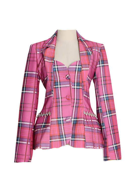 Women Slim Cut Out Back Lapel Long Sleeve Rose Plaid Blazers Coat