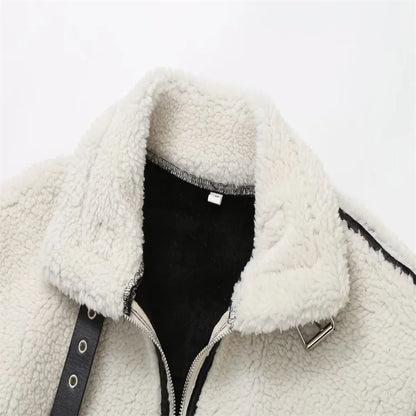 PB&ZA 2025 Autumn New Women's Wear European and American Style Casual Fur One Piece Lamb Wool Contrast Color Plush Warm Jacket C