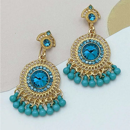 Vintage Round Inlaid Rhinestone Indian Earrings for Women Luxury Blue Crystal Bead Tassel Earrings Jhumka Jewelry Gift