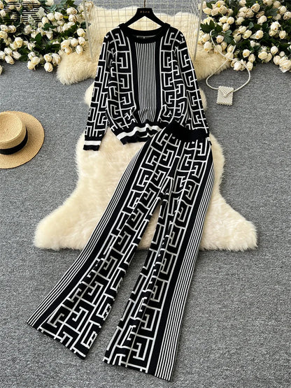 SINGREINY Geometric Maze Print Two Pieces Suits Autumn Winter O Neck Sweater+Long Pants Women Casual Fashion Knitting 2pcs Sets